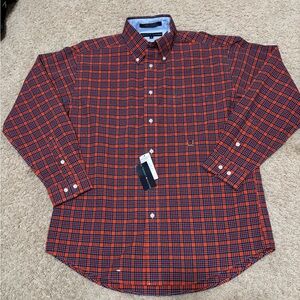 Men’s brand new Tommy Hilfiger button down. Orange & blue plaid. Medium.